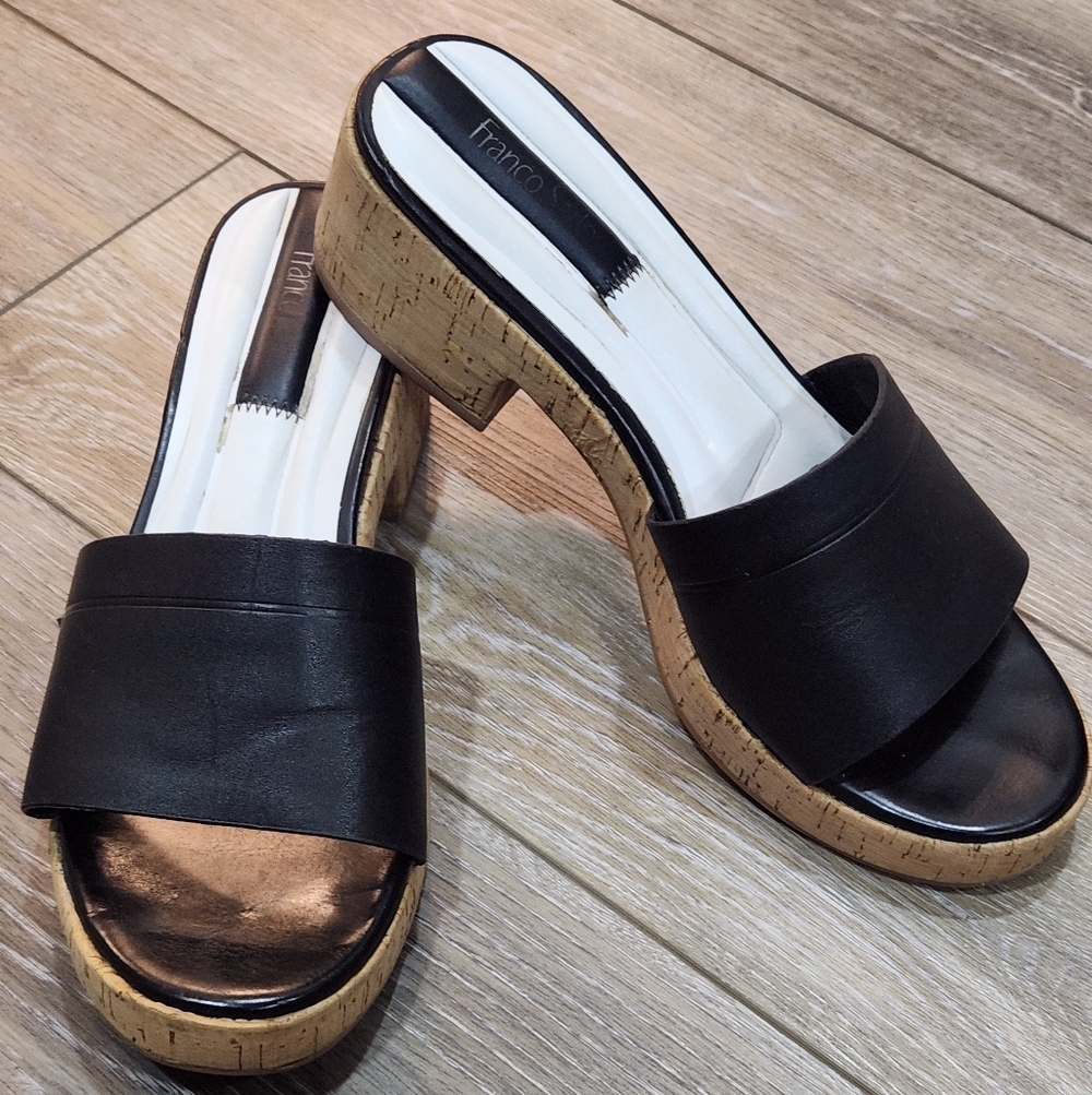 Franco Sartos Womans Pony Black and Tan Leather Slide Sandals Size 9.5